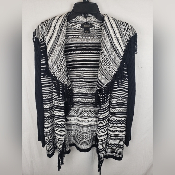 Peck & Peck Collection Black and White Fringed Collared Open Front Cardigan Sz L - Picture 3 of 10